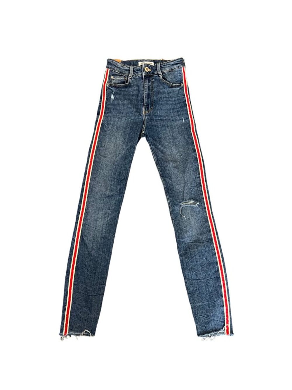 Zara High Rise Distress Skinny Jeans Red White Stripe Piping Size 26 Sporty Chic